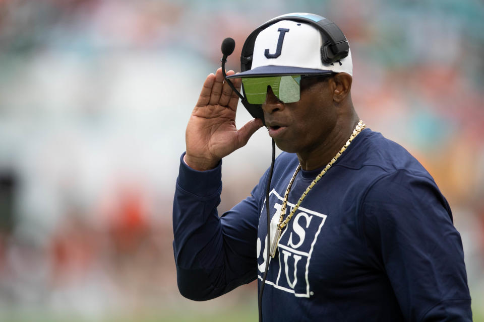 Jackson State University head coach Deion Sanders walks along the sideline during the Orange Blossom Classic between Florida A&M University and Jackson State University at Hard Rock Stadium in Miami Gardens, Fla. Sunday, Sept. 5, 2021.