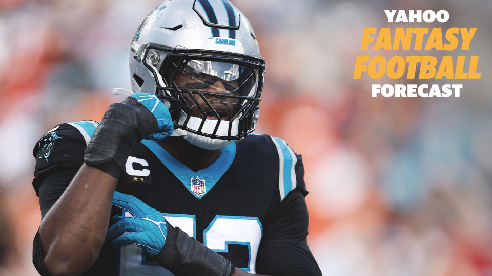 Carolina Panthers edge rusher Brian Burns flexes during a game against the Denver Broncos in 2022. The Panthers have traded up to the first overall pick in April's NFL Draft. (Photo by Jared C. Tilton/Getty Images)