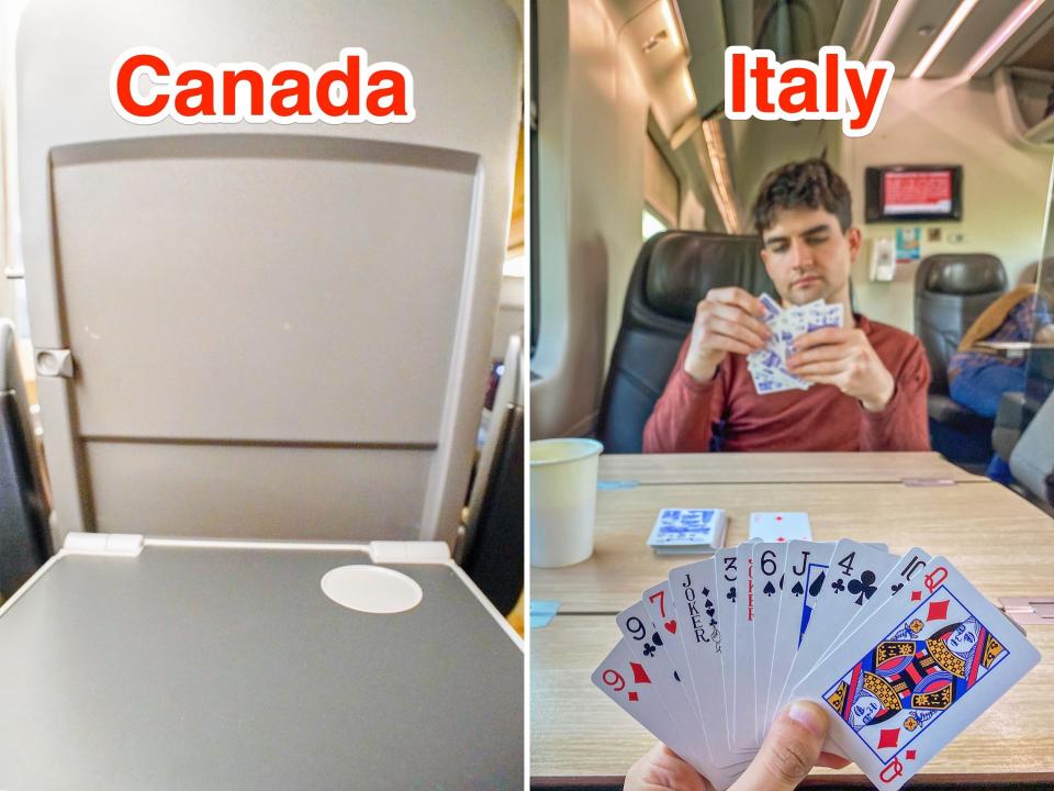 Tables at business-class seats in Canada (L) and Italy (R).