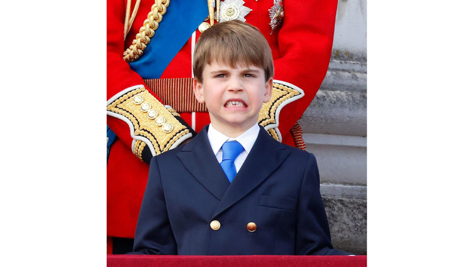 Prince Louis of Wales watches an RAF flypast from the balcony of Buckingham Palace after attending Trooping the Colour on June 15, 2024 in London, England. 