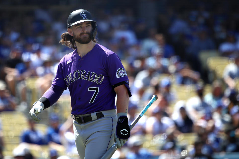 LOS ANGELES, CALIFORNIA - AUGUST 29: Brendan Rodgers #7 of the Colorado Rockies looks on after striking out during the fourth inning against the Los Angeles Dodgers at Dodger Stadium on August 29, 2021 in Los Angeles, California. (Photo by Katelyn Mulcahy/Getty Images)