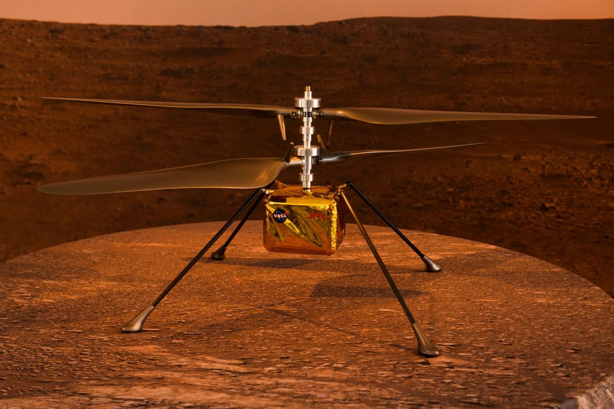 A full scale model of Ingenuity Mars helicopter on display at NASA Jet Propulsion Laboratory, Pasadena (AFP via Getty Images)