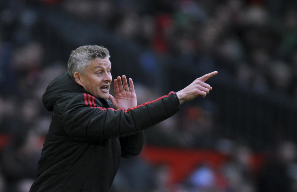 FILE Manchester United manager Ole Gunnar Solskjaer gestures during the English Premier League soccer match between Manchester United and West Ham United at Old Trafford in Manchester, England, Saturday, April 13, 2019. Manchester United has fired Ole Gunnar Solskjaer after three years as manager after a fifth loss in seven Premier League games. United said a day after a 4-1 loss to Watford that “Ole will always be a legend at Manchester United and it is with regret that we have reached this difficult decision." (AP Photo/Rui Vieira, file)