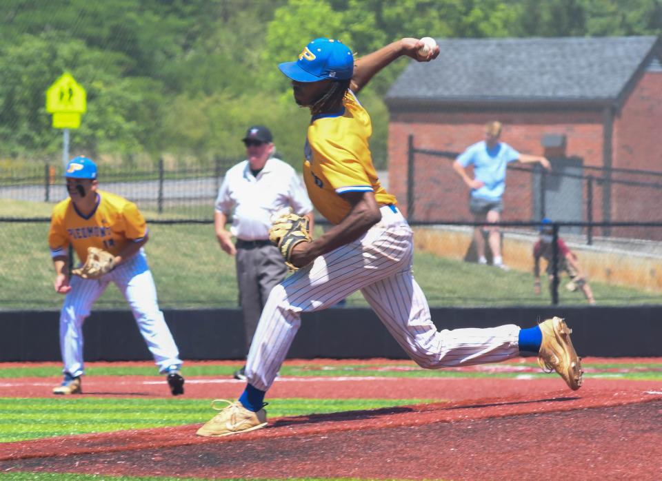 Piedmont's Cassius Fairs pitches the ball during game three of the AHSAA Class 3A state championship series on Tuesday, May, 17, 2022 in Jacksonville, Alabama. Ehsan Kassim/Gadsden Times.