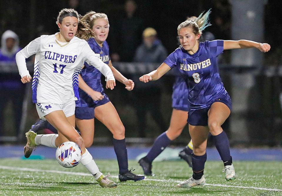 Clipper #17 Hannah Morse and Hawk #8 Olivia Henry chase down the loose ball.
Norwell girls soccer win the Division 3 State Champions by defeating Hanover 1-0 in Scituate on Saturday Nov. 18, 2023