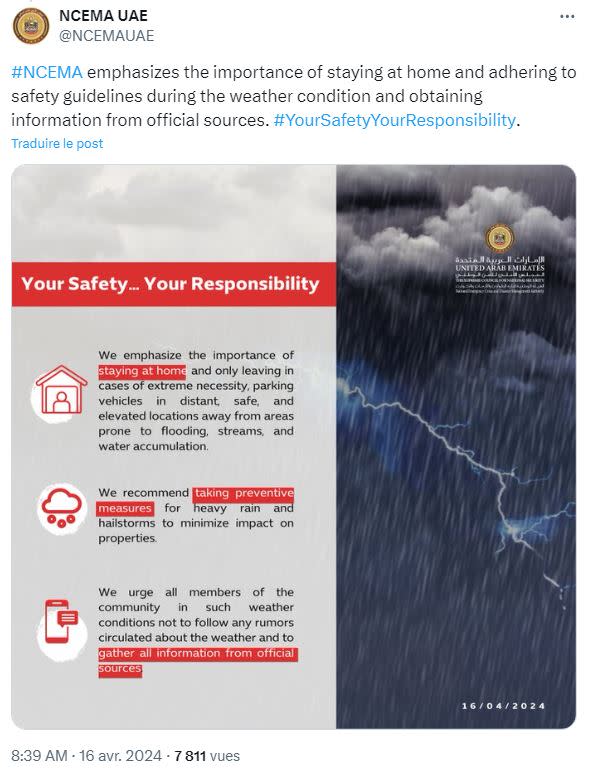 <span>Capture d'écran, réalisée le 26 avril 2024, d'un tweet du 16 avril 2024 de l'autorité émiratie de gestion des situations de crise </span>