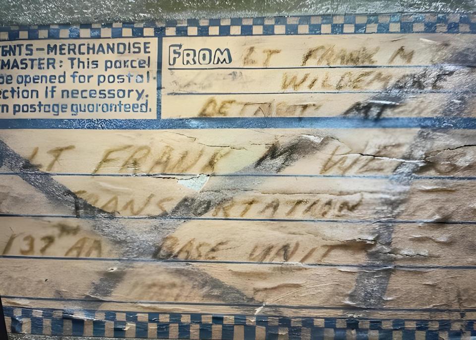 Research by Laura Kennedy of the Detroit Public Library helped establish that an address label on 2nd Lt. Frank Weiss’ footlocker matched one where his family lived in Detroit, making authentication of the box’s ownership certain.