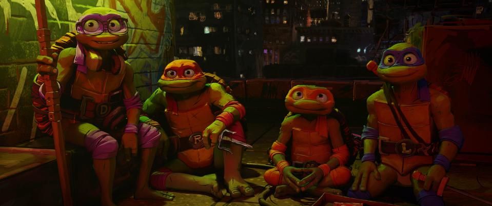 L-R Donnie, Raph, Mikey and Leo in "Teenage Mutant Ninja Turtles: Mutant Mayhem."