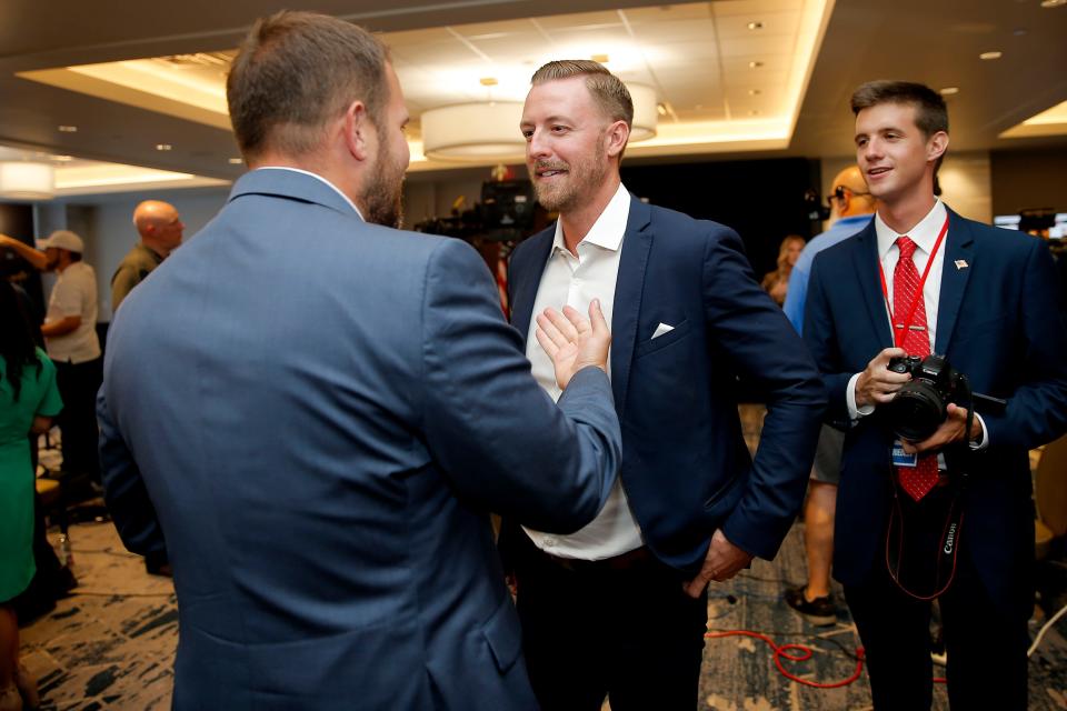 State schools superintendent candidate Ryan Walters speaks with supporters during an election watch party for the Republican party primary in Oklahoma City, Tuesday, June 28, 2022.