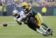 Oct 22, 2017; Green Bay, WI, USA; Green Bay Packers cornerback Davon House (31) breaks up a pass intended for New Orleans Saints wide receiver Corey Fuller (11) in the second half at Lambeau Field. Mandatory Credit: Dan Powers/Wisconsin via USA TODAY Sports