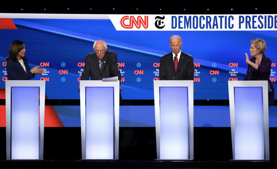 Sen. Kamala Harris (D-CA) speaks as Sen. Bernie Sanders (I-VT), former Vice President Joe Biden, and Sen. Elizabeth Warren (D-MA) look on during the Democratic Presidential Debate at Otterbein University on October 15, 2019 in Westerville, Ohio. (Photo: Win McNamee/Getty Images) 