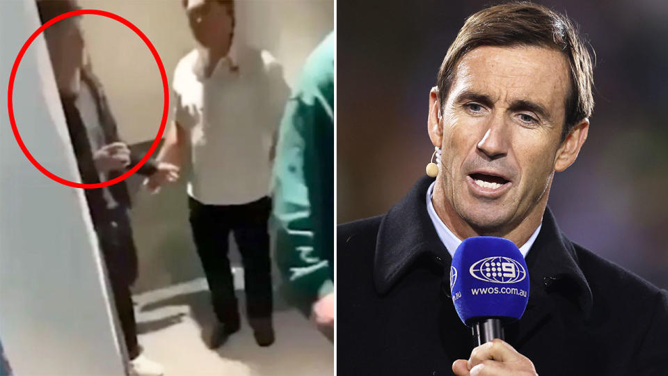 Pictured left is Newcastle Knights captain Kalyn Ponga outside a toilet cubicle and Andrew Johns on the right.