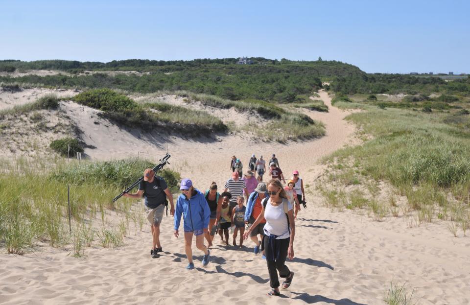 Jesse Mechling, director of marine education for the Center for Coastal Studies, left, leads a seal walking group on Wednesday through the dunes to High Head Beach in North Truro.