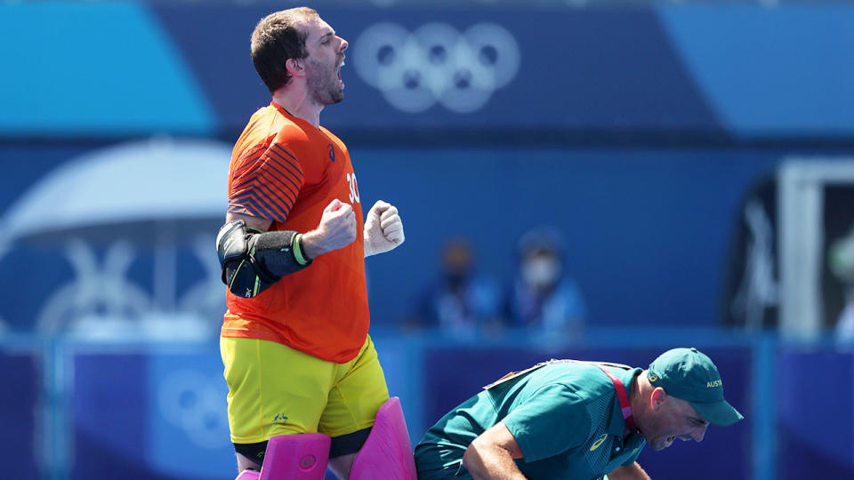 Pictured here, goalkeeper Andrew Charter was a hero for the Kookaburras in the shootout.