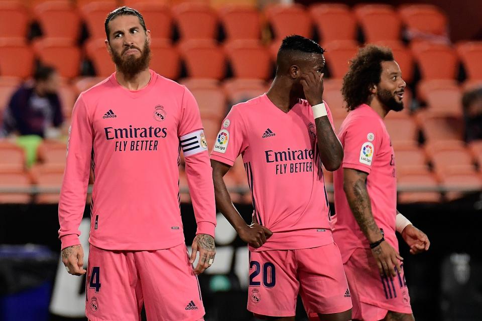 Real Madrid captain Sergio Ramos reacts to the 4-1 defeat by ValenciaAFP via Getty Images