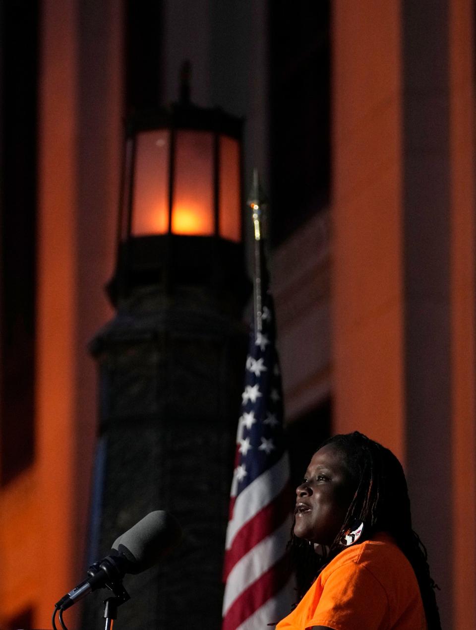 June 2, 2023; Columbus, Oh., USA; Audrea Hickman speaks during a Gun Violence Awareness Vigil as Columbus City Hall was illuminated with orange lights on Friday evening. The  Mandatory Credit: Barbara J. Perenic/The Columbus Dispatch