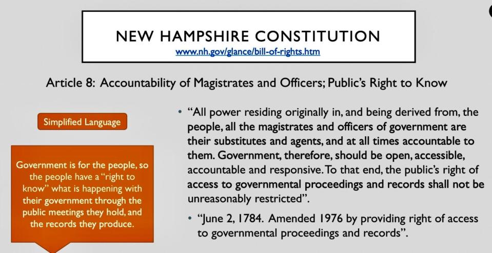 The New Hampshire Constitution calls on government to make public records available and not “unreasonably restricted.”