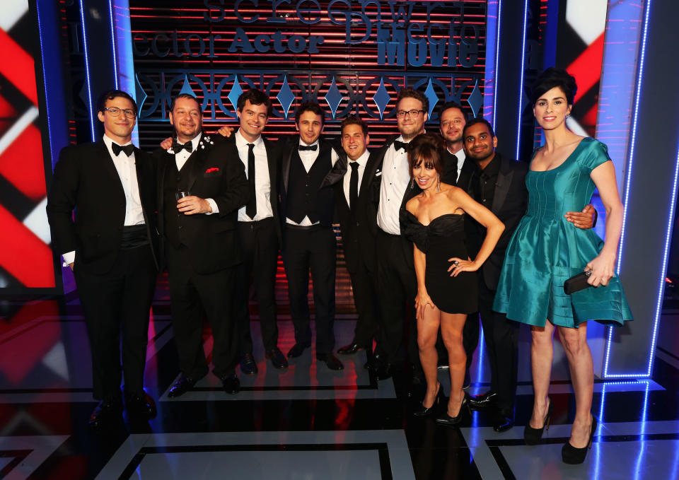 CULVER CITY, CA - AUGUST 25:  (L-R) Actor Andy Samberg, comedian Jeff Ross, actor Bill Hader, roastee James Franco, actor Jonah Hill, roast master Seth Rogen, actress Natasha Leggero, actor Nick Kroll, actor Aziz Ansari, and comedienne Sarah Silverman pose backstage The Comedy Central Roast of James Franco at Culver Studios on August 25, 2013 in Culver City, California. The Comedy Central Roast Of James Franco will air on September 2 at 10:00 p.m. ET/PT.  (Photo by Christopher Polk/Getty Images for Comedy Central)