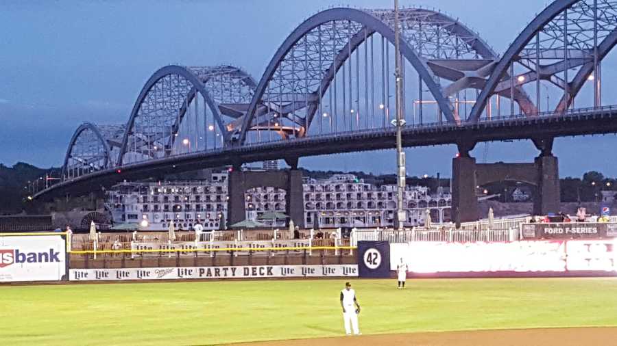 The American Queen passing under the Centennial Bridge in Rock Island serves as the backdrop of a Quad Cities River Bandits game at Modern Woodmen Park in September 2015. (Ryan Jaster, OurQuadCities.com)