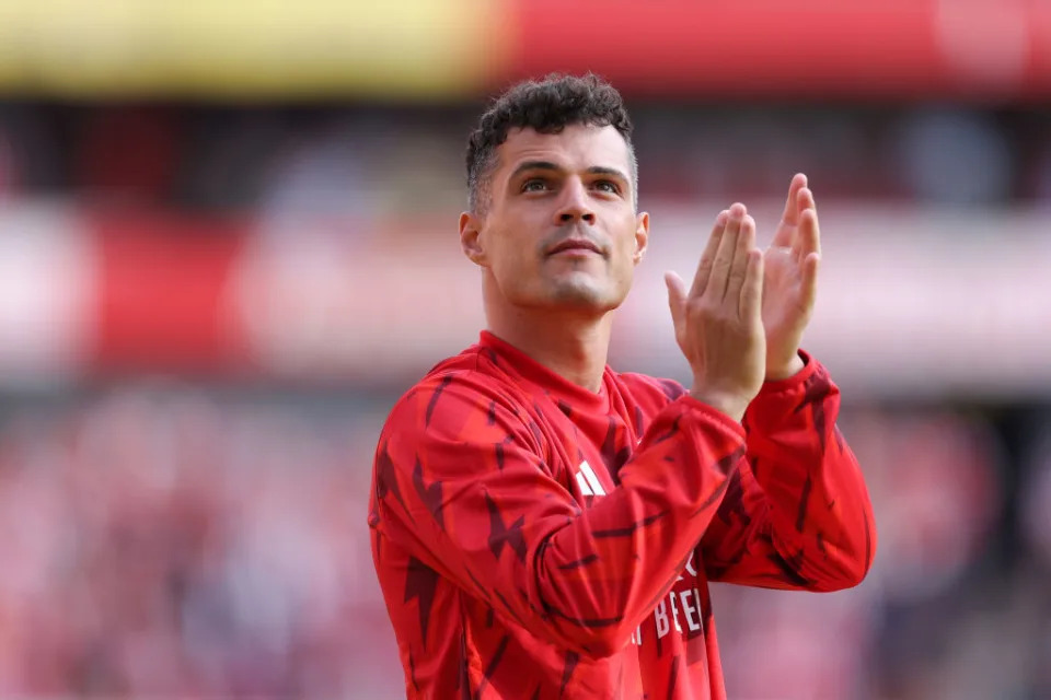 Granit Xhaka of Arsenal during the Premier League match between Arsenal FC and Wolverhampton Wanderers at Emirates Stadium on May 28, 2023 in London, England.