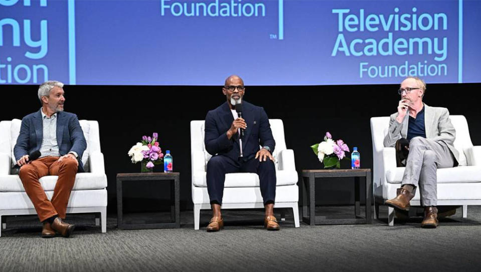 Gary Barker, President and CEO, Equimundo, Ted Bunch, Chief Development Officer, A Call to Men and Actor Matt Walsh at the Media Educators Conference's The Panel of TV program at the Television Academy on Thursday, October 26, 2023, in Los Angeles.