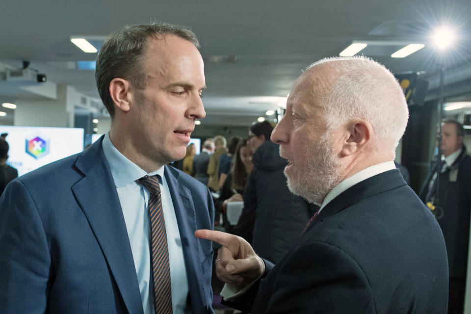 Foreign Secretary Dominic Raab (left) and shadow transport secretary Andy McDonald exchange views at the Octagon in Sheffield, South Yorkshire, after leaders of four major parties took part in the BBC Question Time Leaders' Special.