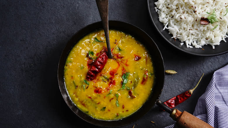 Bowl of Dal tadka with rice