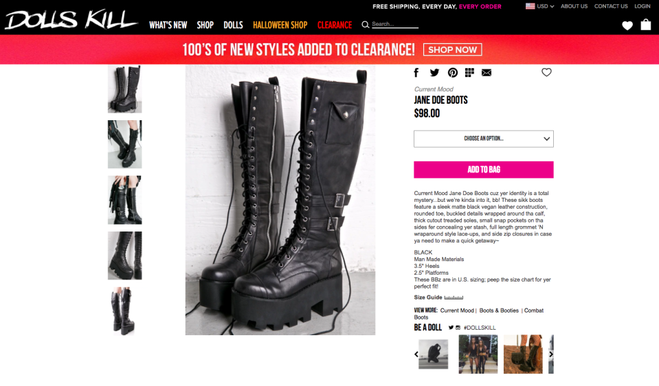 Product description for Current Mood’s Jane Doe boots on Dolls Kill. (Photo: Dolls Kill)