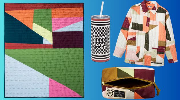 A Gee's Bend lap blanket, patterned drinking cup, pencil bag and quilted coat.