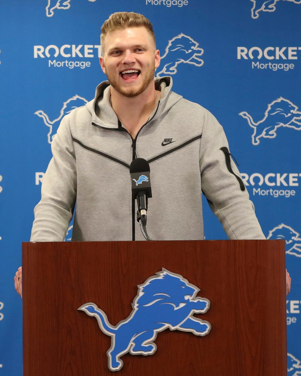 Detroit Lions first round pick defensive end Aidan Hutchinson talks with reporters Friday, April 29, 2022 at the Allen Park practice facility.