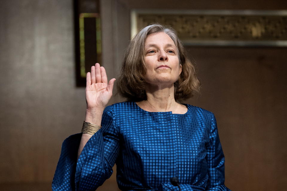 Sarah Bloom Raskin, nominated to be vice chairman for supervision and a member of the Federal Reserve Board of Governors, is sworn in before a Senate Banking, Housing and Urban Affairs Committee confirmation hearing on Capitol Hill in Washington, D.C., U.S. February 3, 2022. Bill Clark/Pool via REUTERS