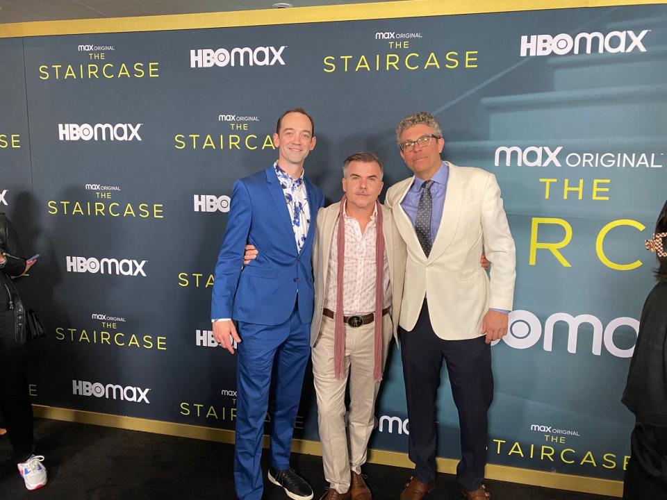 From left, Wilmington actor Myke Holmes, former Wilmington actor Cullen Moss and Wilmington actor Nick Basta at The Museum of Modern Art in New York for the premiere of HBO Max's "The Staircase," in which they all appear.