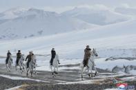 KCNA picture of North Korean leader Kim Jong Un visiting battle sites in areas of Mt Paektu