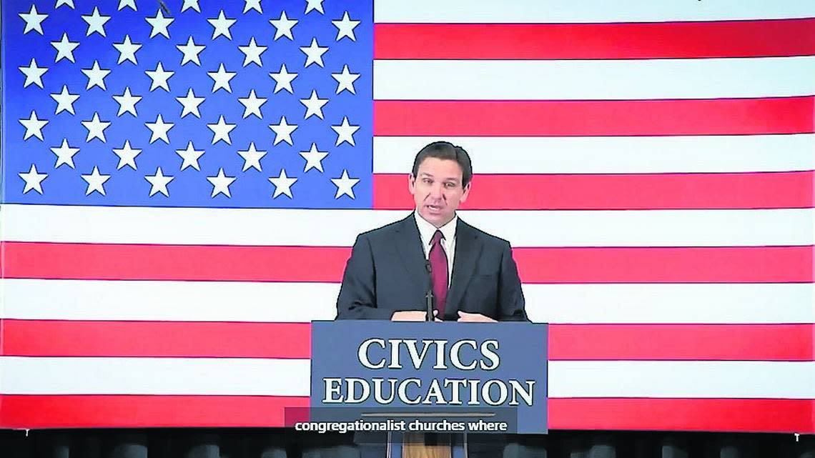 Florida Gov. Ron DeSantis called book banning in Florida a ‘hoax.’ He is shown at a rally in Clay County in Florida in March, where he unveiled a civics program in the state’s public schools.