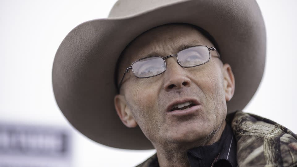 LaVoy Finicum speaks to reporters at the occupied Malheur National Wildlife Refuge Headquarters in Burns, Oregon, in 2016. - Rob Kerr/AFP/Getty Images