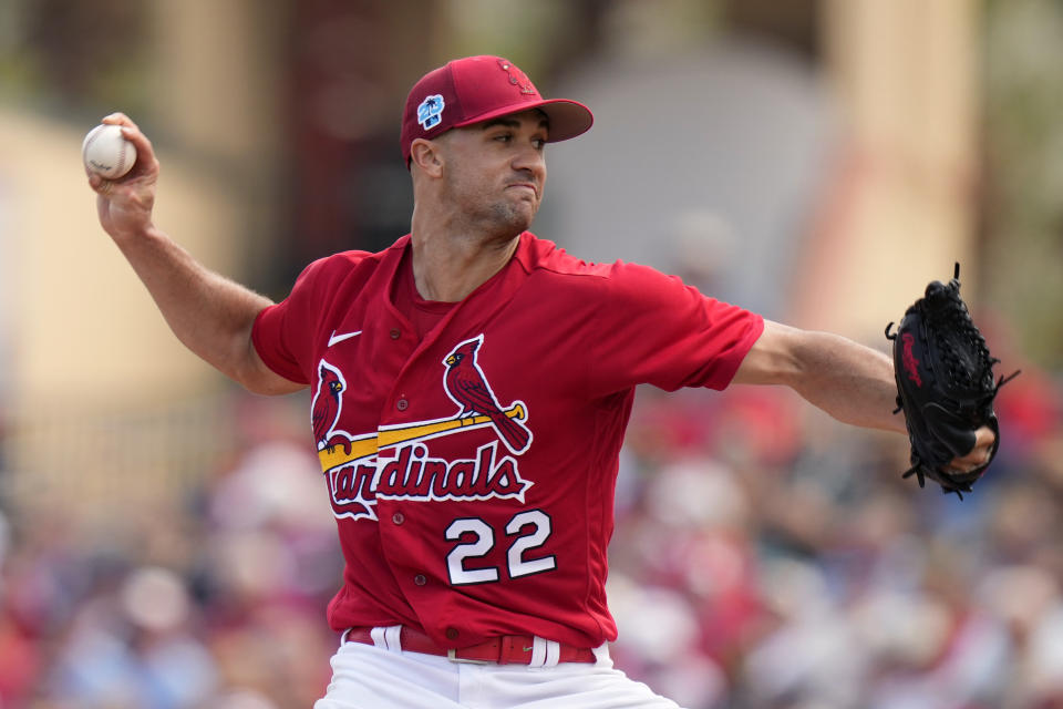 St. Louis Cardinals starting pitcher Jack Flaherty (22) throws during the second inning of a spring training baseball game against the Houston Astros, Monday, March 6, 2023, in Jupiter, Fla. (AP Photo/Lynne Sladky)