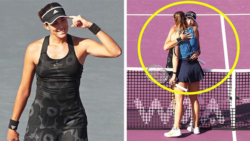 Garbiñe Muguruza (pictured left) gesturing after her victory and (pictured right) embracing Paula Badosa.