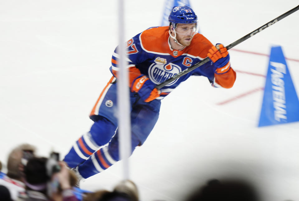 Edmonton Oilers' Connor McDavid competes during the NHL All-Star skills competition's fastest skater section Friday, Feb. 2, 2024 in Toronto. (Frank Gunn/The Canadian Press via AP)