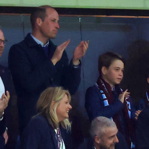 <p> Marc Atkins/Getty</p> Prince William (left) and Prince George attend Aston Villa's game on April 11, 2024