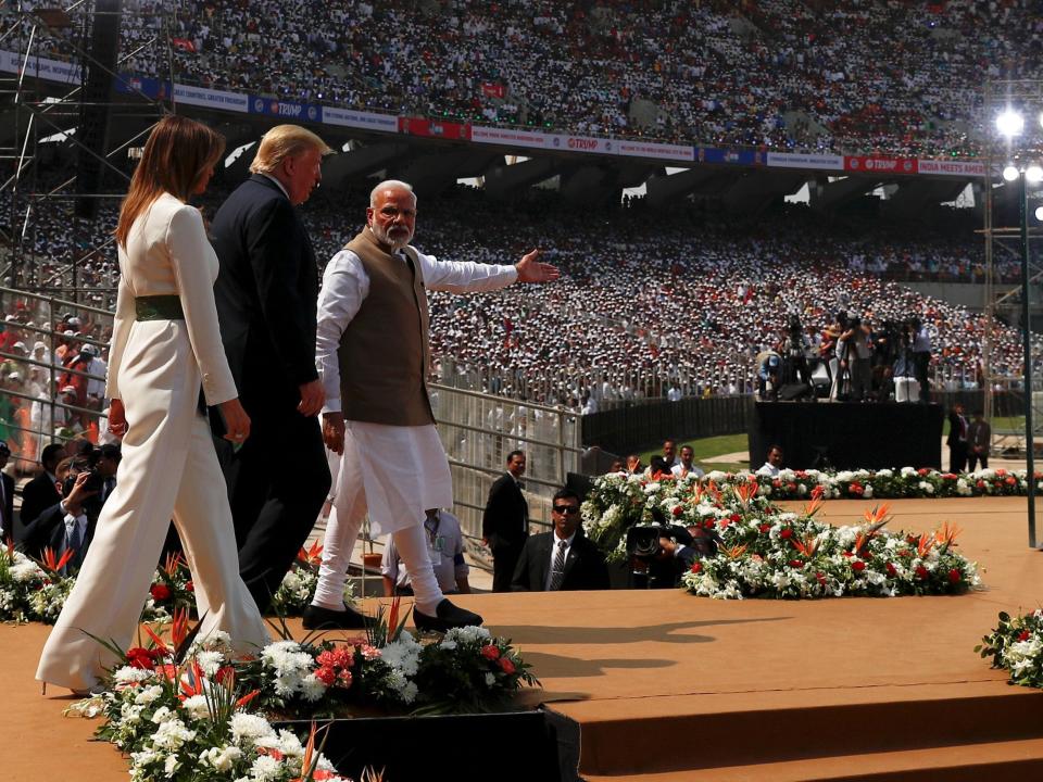 U.S. President Donald Trump, first lady Melania Trump and Indian Prime Minister Narendra Modi arrive for a "Namaste Trump" event during Trump's visit to India, at Sardar Patel Gujarat Stadium, in Ahmedabad, India, February 24, 2020. REUTERS/Al Drago