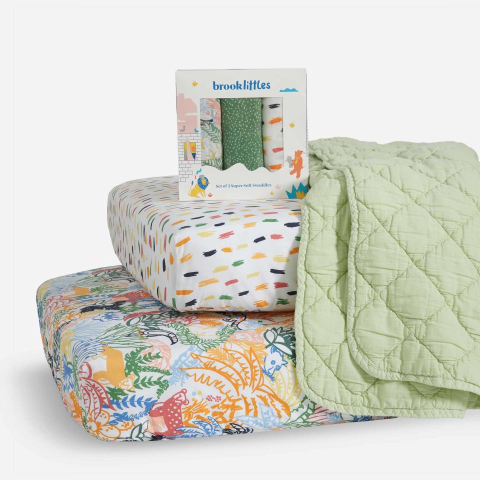 <strong><h2>Brooklinen Brooklittles Baby Bundle</h2></strong><br>If they love Brooklinen's best-selling bedding, then chances are they (and their new baby) will also love its best-selling <a href="https://www.brooklinen.com/collections/brooklittles" rel="nofollow noopener" target="_blank" data-ylk="slk:Brooklittles" class="link ">Brooklittles</a> bundle. Each sweetly printed set contains a 100%-cotton swaddle set, two crib sheets, and a super-snuggly quilt. <br><br><strong>Brooklinen</strong> Baby Bundle, $, available at <a href="https://go.skimresources.com/?id=30283X879131&url=https%3A%2F%2Fwww.brooklinen.com%2Fproducts%2Fbaby-bundle" rel="nofollow noopener" target="_blank" data-ylk="slk:Brooklinen" class="link ">Brooklinen</a>
