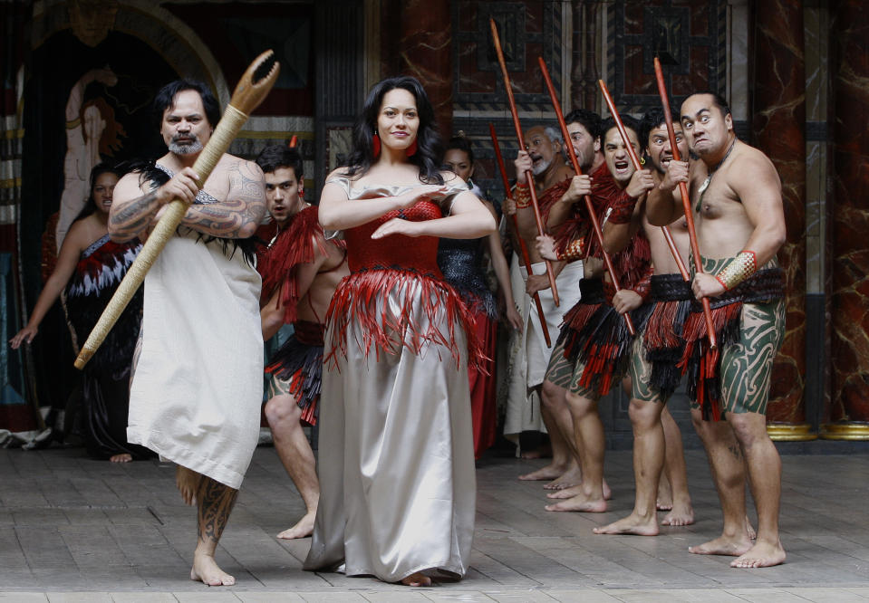 New Zealand's Ngakau Toa Theatre Company perform a traditional ceremonial 'haka' at The Globe Theatre in London, Monday, April 23, 2012. On Monday, Shakespeare's birthday, the Globe to Globe Festival, part of the World Shakespeare Festival started, with 37 international companies presenting 37 of Shakespeare's plays in 37 different languages. (AP Photo/Kirsty Wigglesworth)