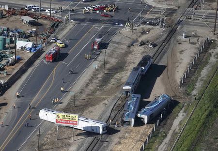An aerial view shows the scene of a double-decker Metrolink train derailment in Oxnard, California February 24, 2015. REUTERS/Lucy Nicholson