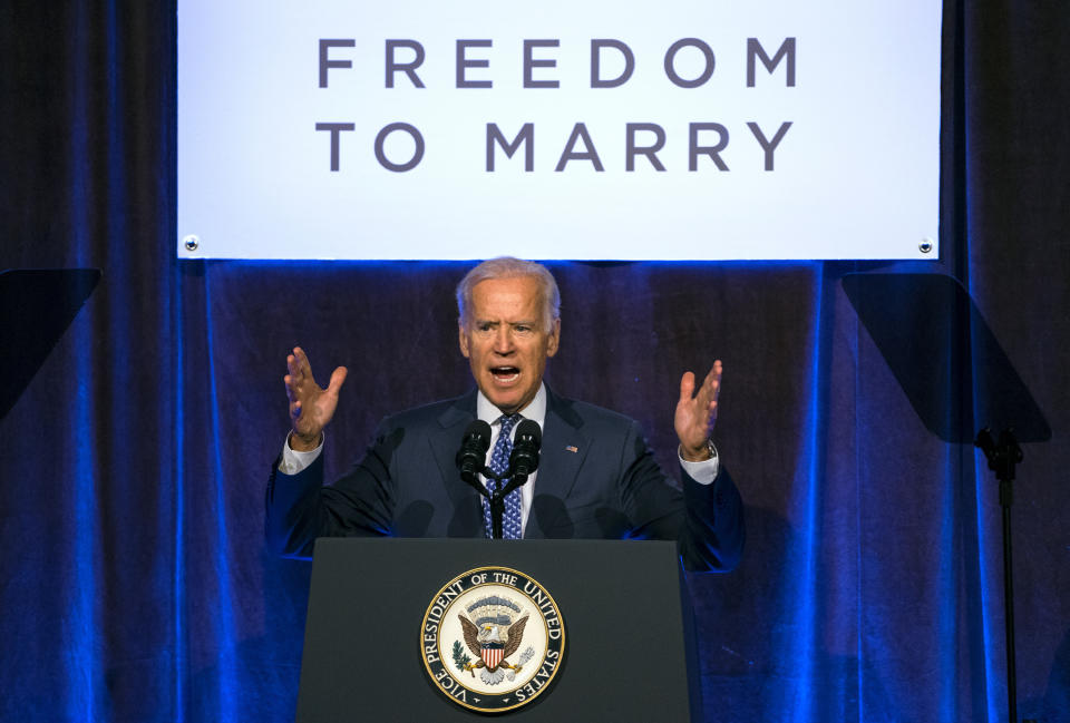 FILE - Vice President Joe Biden addresses a Freedom To Marry event in New York, July 9, 2015. President Joe Biden plans to sign legislation this coming week that will protect gay unions even if the Supreme Court revisits its ruling supporting a nationwide right of same-sex couples to marry. It's the latest part of Biden's legacy on gay rights, which includes his unexpected endorsement of marriage equality on national television a decade ago when he was vice president. (AP Photo/Craig Ruttle, File)