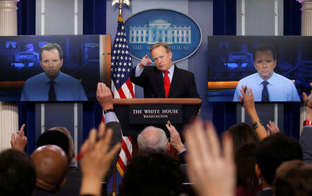 White House spokesman Sean Spicer holds a press briefing at the White House in Washington, U.S., February 3, 2017. REUTERS/Kevin Lamarque