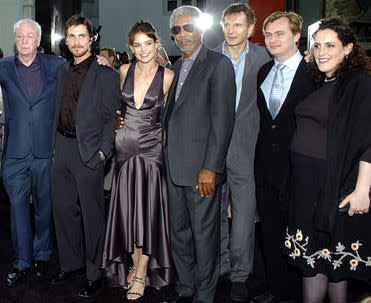 Michael Caine , Christian Bale , Katie Holmes , Morgan Freeman , Liam Neeson , director Christopher Nolan and producer Emma Thomas at the Hollywood premiere of Warner Bros. Pictures' Batman Begins