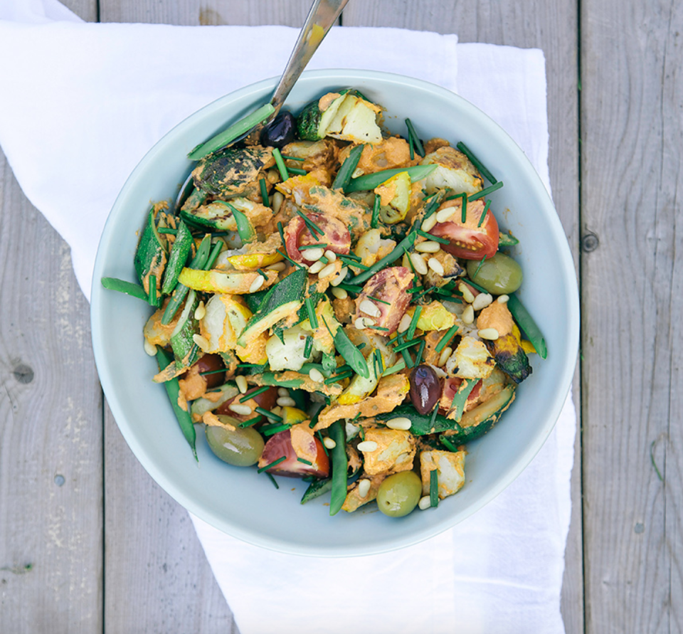 Grilled Potato, Lemon and Zucchini Salad with Romesco