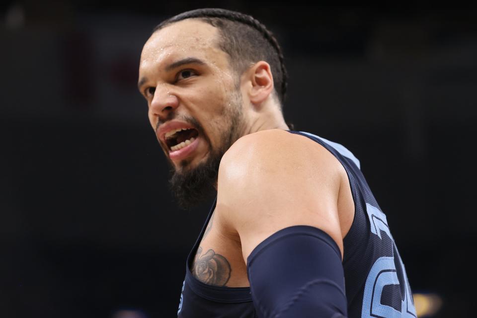 Apr 1, 2022; Memphis, Tennessee, USA; Memphis Grizzlies guard Dillon Brooks (24) yells back at the referee as they play the Phoenix Suns at FedExForum. Mandatory Credit: Joe Rondone-USA TODAY Sports