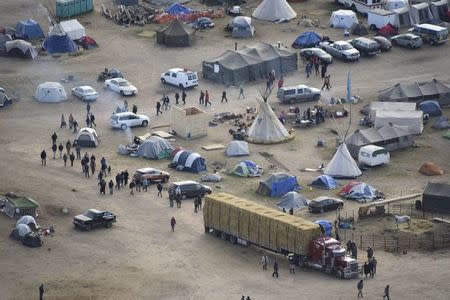Dakota Access Pipeline protesters are seen at the Oceti Sakowin campground near the town of Cannon Ball, North Dakota, U.S. November 19, 2016 in an aerial photo provided by the Morton County Sheriff's Department. Morton County Sheriff's Department/Handout via REUTERS