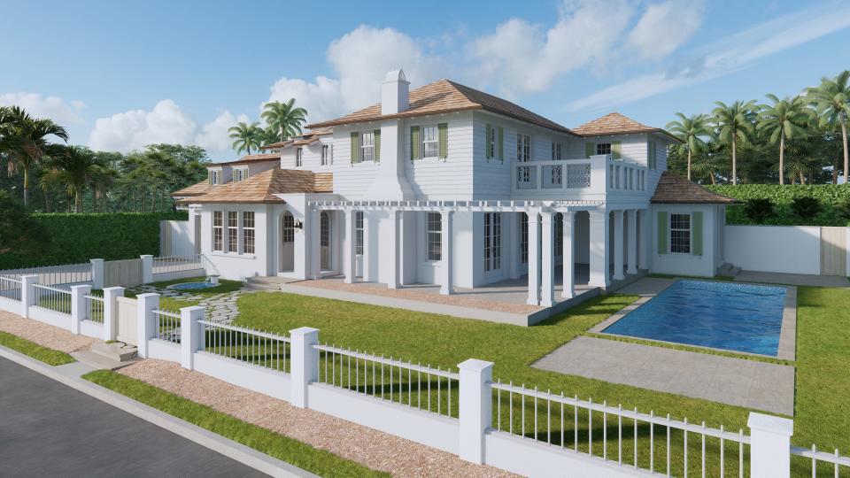 A rendering without landscaping shows a Palm Beach house designed for Jim and Sara McCann to replace their existing home at 217 Bahama Lane.